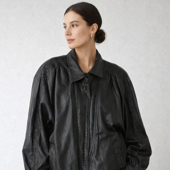 Vintage 80s Black Leather Bomber Jacket Women Oversized Puff Sleeve Retro Grunge - Picture 2 of 16